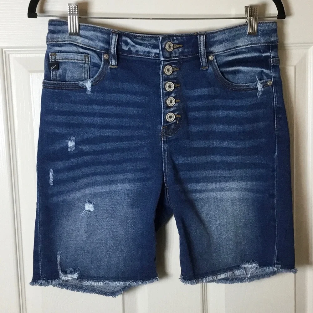 KanCan Blue Jean Distressed Button-Fly Raw Hem Shorts - Size M